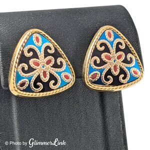Vintage 1988 Avon Mosaic Triangle Enamel Pierced Earrings Gold Tone
